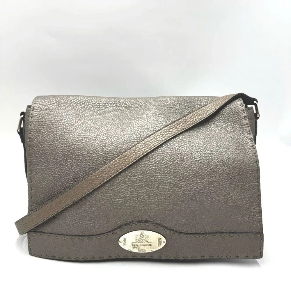 Auth Fendi Metallic Grey Beige Selleria Leather Anna Crossbody Messenger Bag
